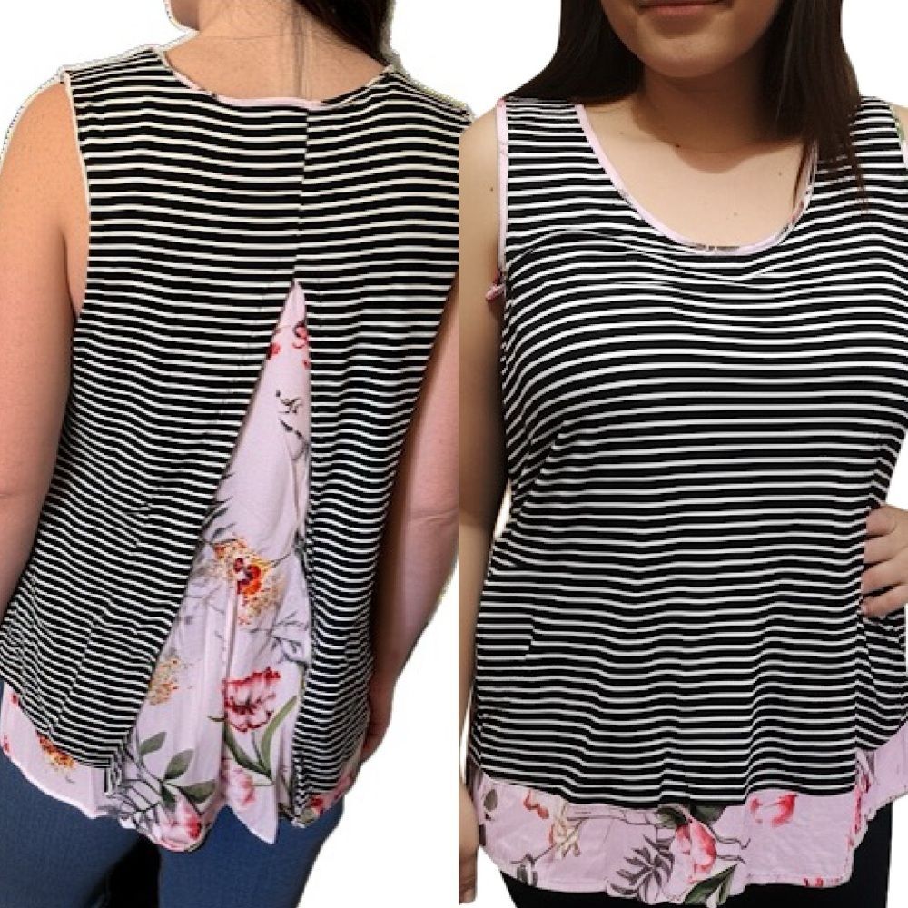 Wallpapher Nordstrom Black & White Stripe Floral-Print Contrast Tank Top Large